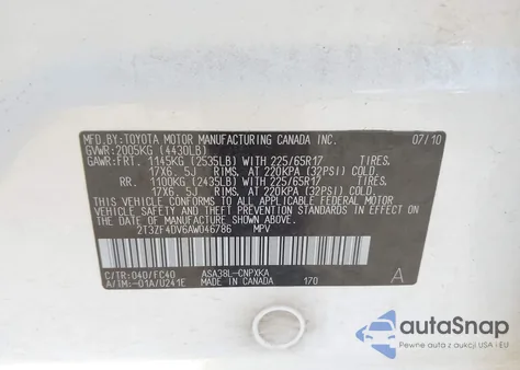2010 Toyota Rav4 z USA, uszkodzony, nr VIN 2T3ZF4DV6AW046786